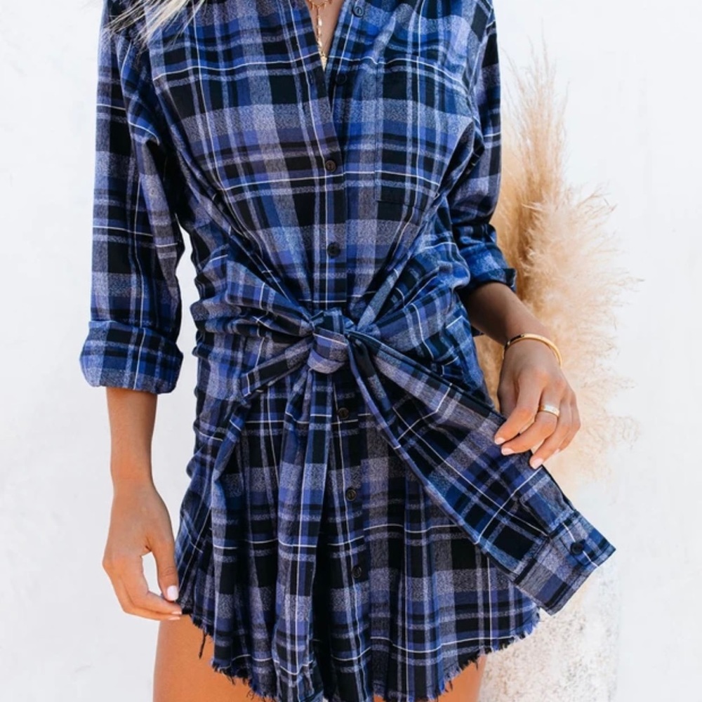 Blue plaid faux wrap dress